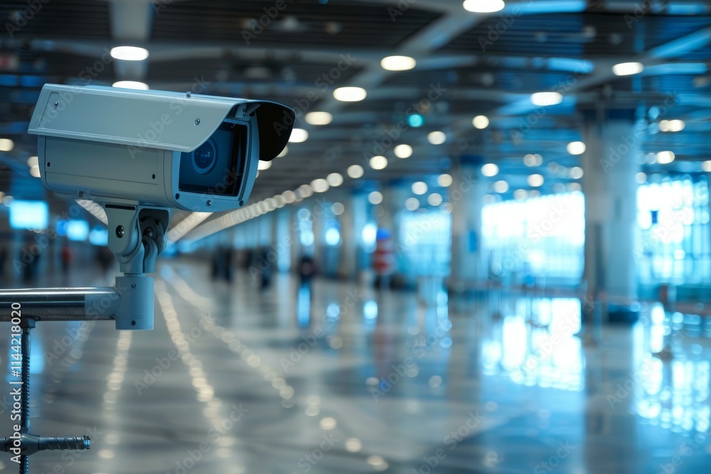 Poster security camera monitoring a busy public area with blurred people walking in the background