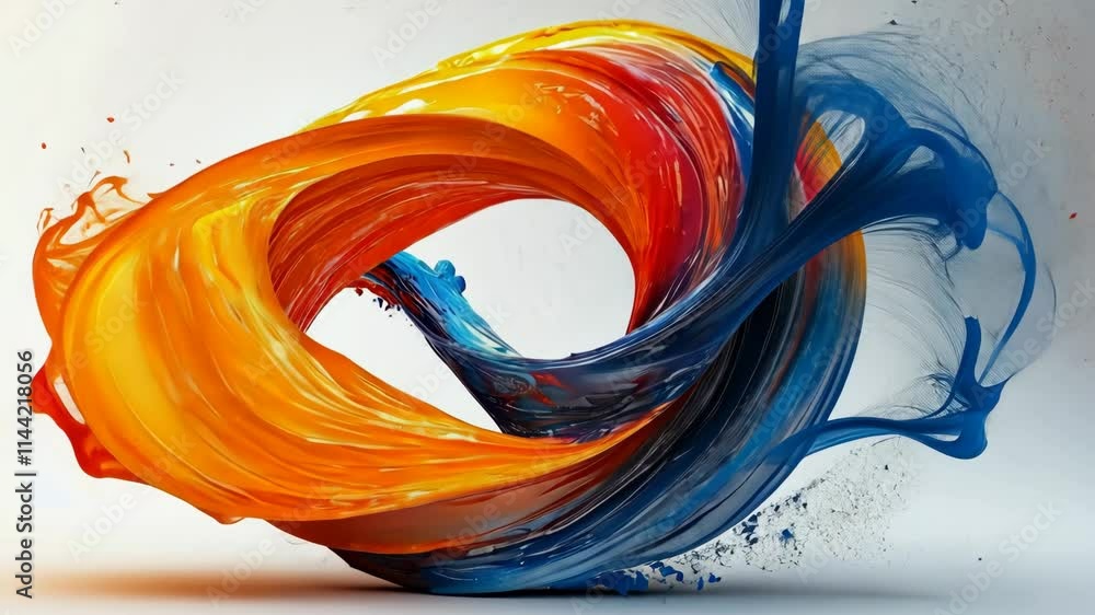 Poster vivid swirls of orange and blue paint creating an abstract design against a light background in a cr
