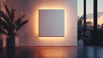 Blank vertical art canvas on a wall, illuminated with soft light, ideal for mockup presentations or showcasing creative designs.