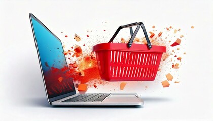 A red basket moving out of the mobile phone and laptop screen. Technology and business concept. Resources for website, edit.