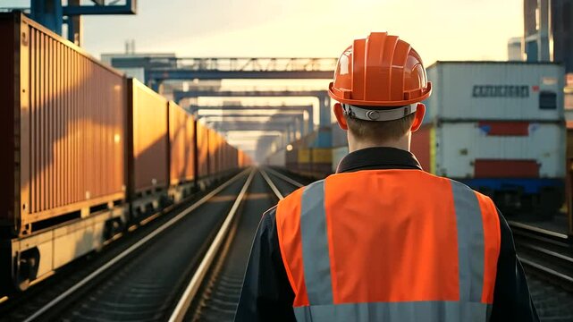 A confident railway worker in a safety helmet stands in front of a cargo train, the industrial yard busy with machinery and containers.