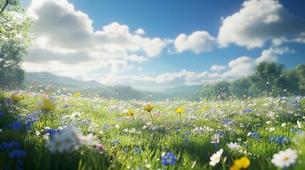 Fototapeta premium A vibrant field filled with colorful flowers under a bright sky, captured in a serene landscape with gentle hills in the background.
