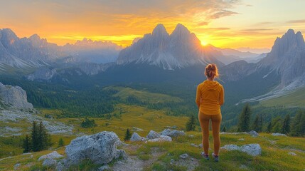 Fototapeta premium Woman gazing at mountains during a vibrant sunset.