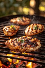 Chicken breasts grilling on a hot charcoal barbecue.