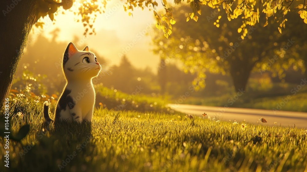 Poster kitten sits under tree at golden hour.