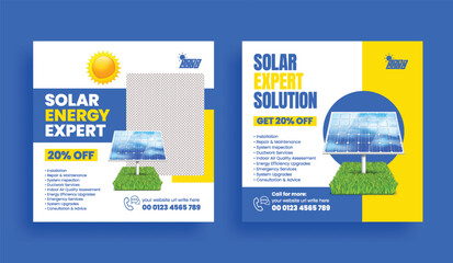 Solar panel editable social media post banner, ads and square flyer or poster template set, solar energy installation service promotional advertising design