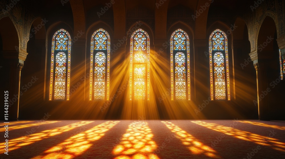 Aufkleber light streams through stained glass in an archway room.