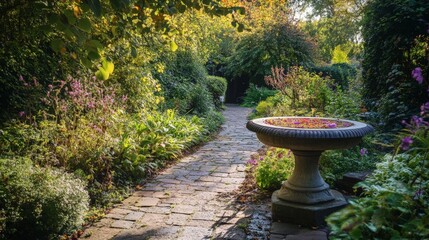 Tranquil Garden Pathway with Flowering Plants and Decorative Bird Bath