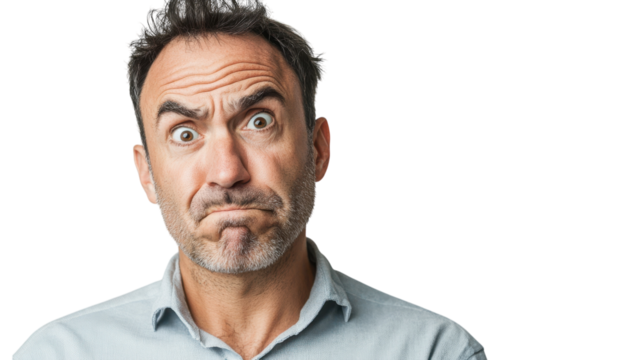 A Middle Aged Man Showing a Skeptical Look, Perfect for Depicting Doubt or Suspicion in Various Media Projects.