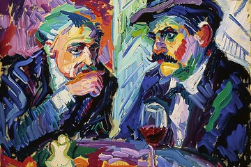 Two middleaged men engage thoughtful conversation depicted vibrant fauvist style bold colors brushstrokes evoking sense movement emotion