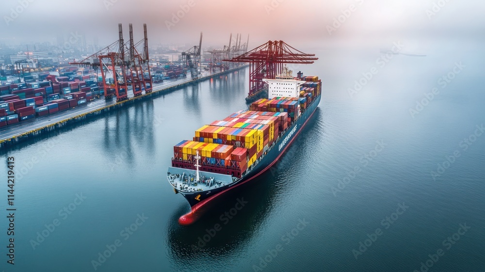 Poster Cargo ship docked in port with containers in a foggy setting.