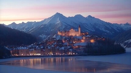 Fairytale Winter Sunset Over Snowy Saint Moritz With Illuminated Buildings And Mountains