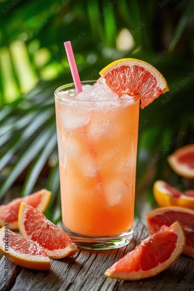 Poster refreshing grapefruit drink with ice and straw, sliced fruit.
