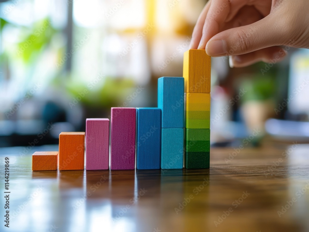 Poster Hand stacking colorful blocks in bar graph formation.