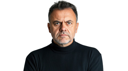 Obraz premium A Middle-Aged Man with a Stern Look on a White Background, Perfect for Representing Leadership and Authority in Various Media..