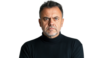 A Middle-Aged Man with a Stern Look on a White Background, Perfect for Representing Leadership and Authority in Various Media..