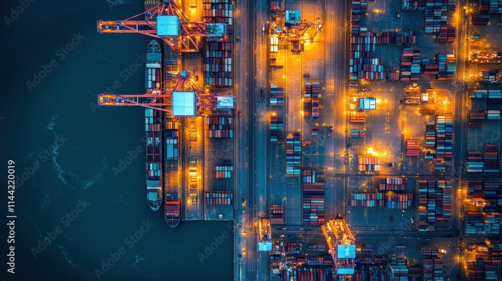 Poster aerial view of illuminated harbor with cargo ships and containers at dusk.