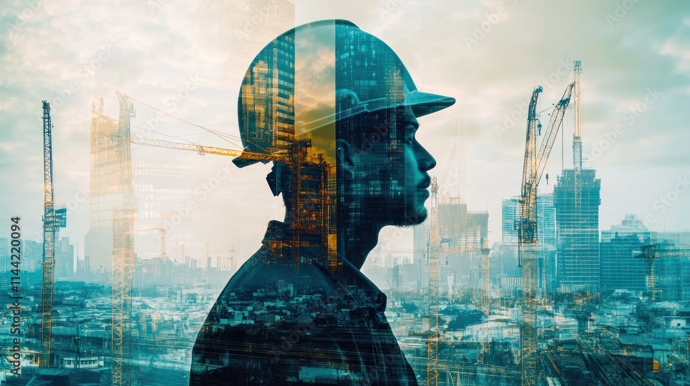 Aufkleber overlay of worker with skyline and cranes.