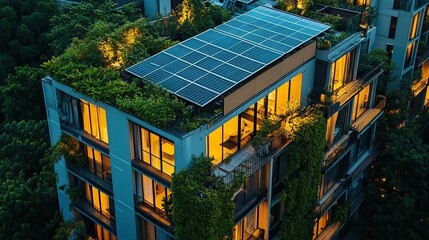 Solar panels modern apartment building showcasing sustainable living demonstrating how residential buildings can be energy-efficient powered by renewable sources incorporate green technologies