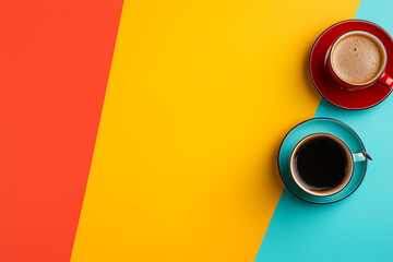 top view of a colorful coffee table with strips with coffee cups at the borders