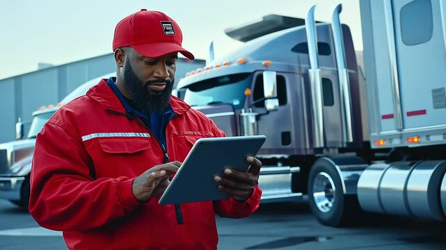 A fleet supervisor in a parking lot uses his tablet to scan a truck's QR code, the advanced technology underscoring a modern logistics approach.
