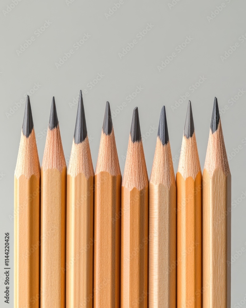 Poster Row of sharpened pencils with graphite points against gray backdrop.