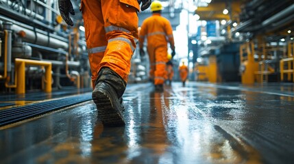 Workers working on oil rig industrial site action shots bright environment ground view