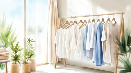 Ethical clothing store, minimalist interior, racks of organic fabrics, watercolor style