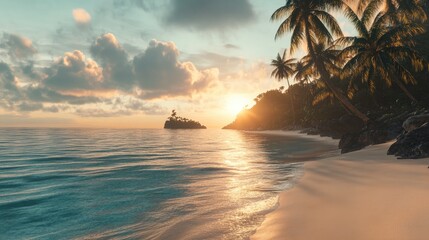 Serene sunset over tropical beach with palm trees, tranquil ocean, and small island.