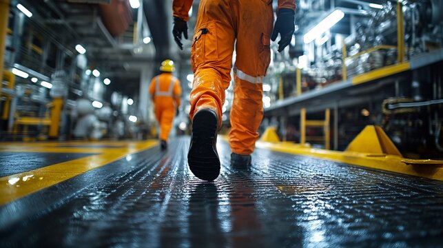 Oil workers operating rigs in industrial facility dynamic environment close-up viewpoint