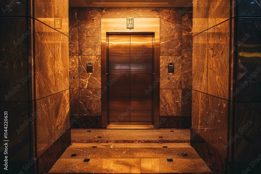 Poster closed elevator doors are illuminated by warm light in an empty building lobby