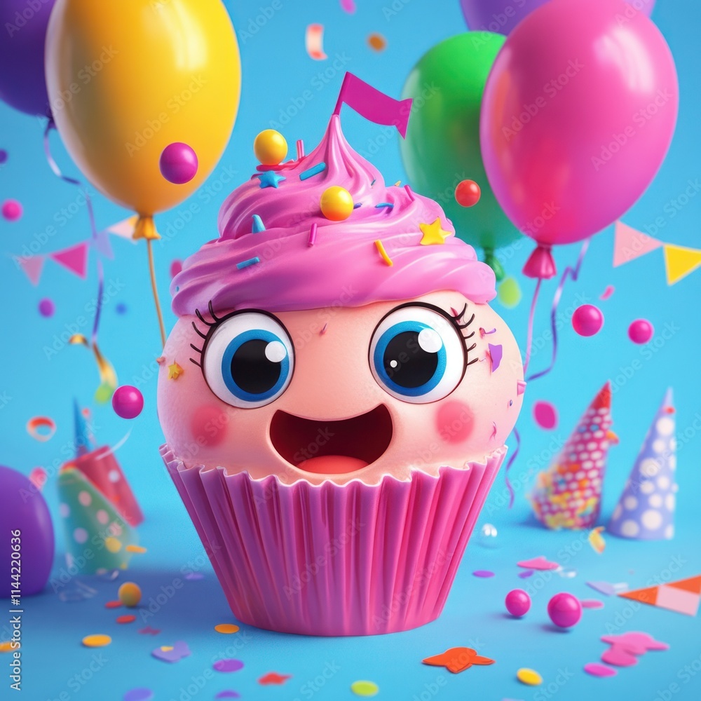 Poster Whimsical cupcake character with balloons and confetti.