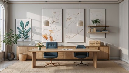 Modern living room interior with fireplace, featuring stylish furniture, wooden accents, and elegant decor