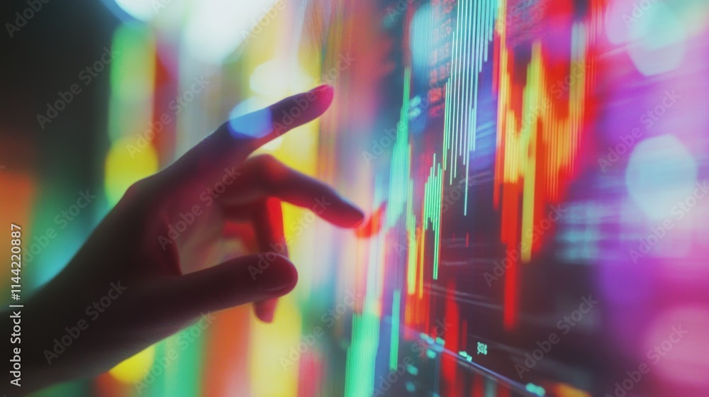 Poster hand touching glowing screen showing financial charts with blurred bokeh lights.