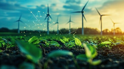 Stock market graph wind turbines background depicting rising energy costs economic impact renewable energy technologies showing financial significance green investments