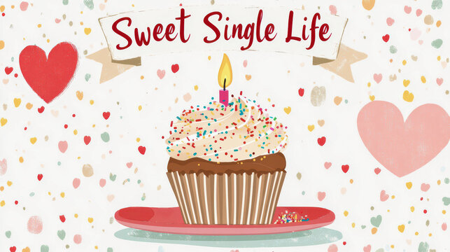 Charming cupcake with a lit candle sits on a plate, surrounded by colorful hearts, embracing the spirit of singlehood and the joy of independence