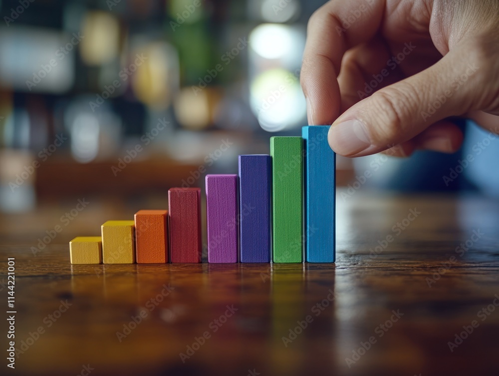 Aufkleber hand places block to create bar chart.