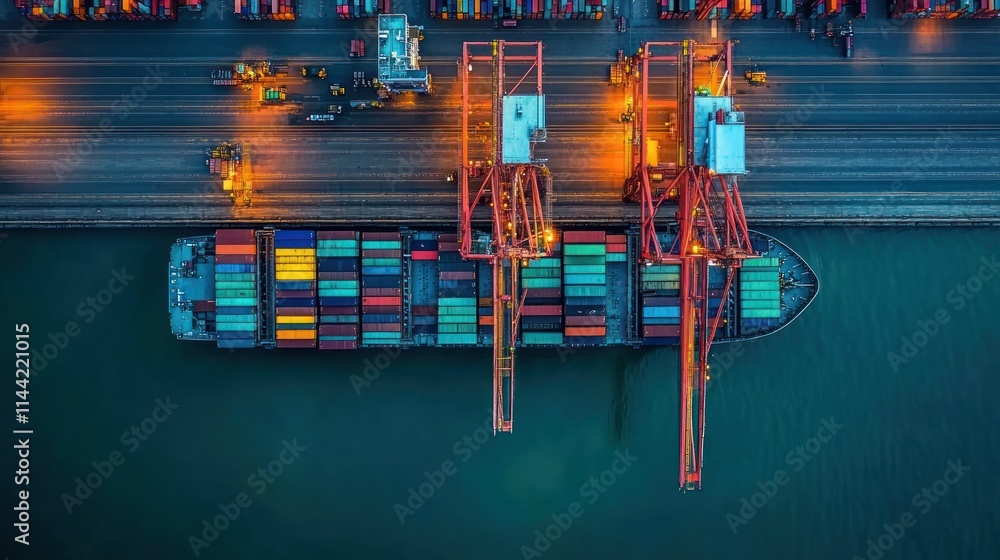 Poster cargo ship loading at port with cranes, containers, night scene.