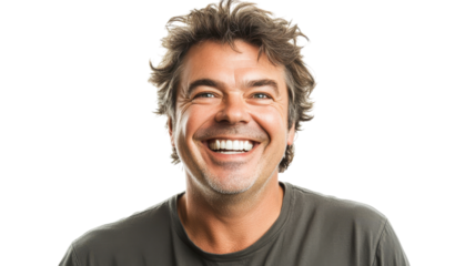 Capturing the Joyful Essence of Life: A Middle-Aged Man with a Wide Smile and Laugh Perfect for Celebrating Happiness and Positive Experiences.