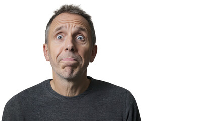 A middle-aged man exhibits a facial expression of disbelief, showcasing a moment of shock or surprise that can be used in discussions about reactions or responses to unexpected news..