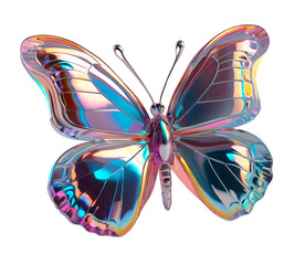 3D chrome element in Y2K style, isolated background, liquid holographic metal. A butterfly with rainbow colors, metallic finish.