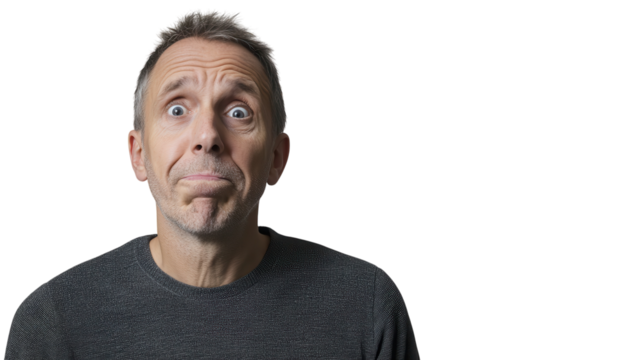 A middle-aged man exhibits a facial expression of disbelief, showcasing a moment of shock or surprise that can be used in discussions about reactions or responses to unexpected news..