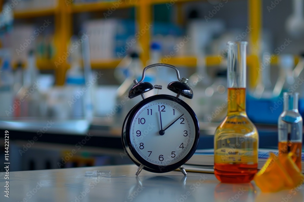 Poster alarm clock is ticking in a science laboratory, showing the importance of time management in scienti