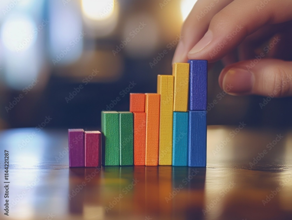 Poster Hand arranging colorful blocks into bar graph on wood table.