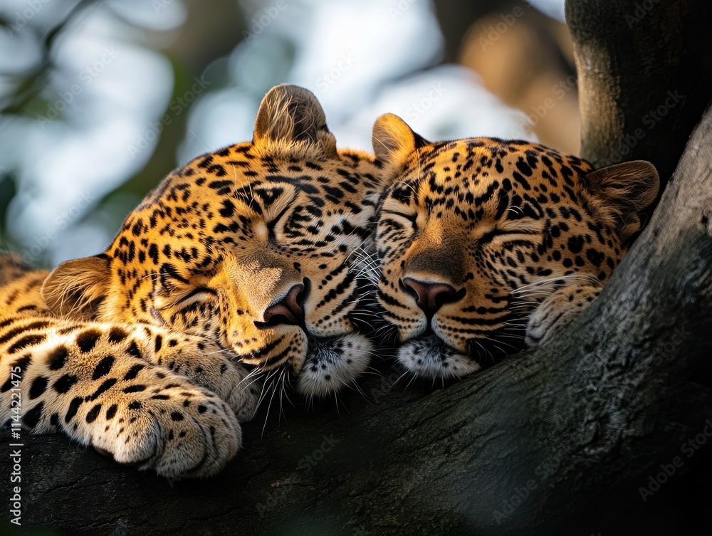 Poster two leopards cuddling, sleeping on a branch.