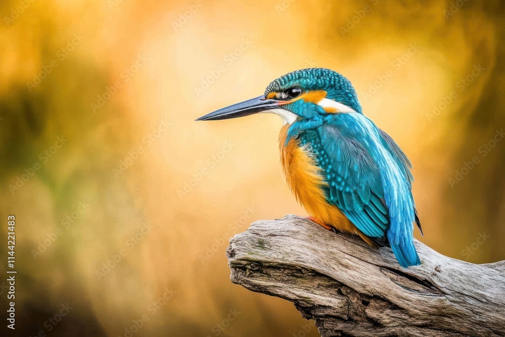 Poster kingfisher bird with vibrant feathers perched on a branch.