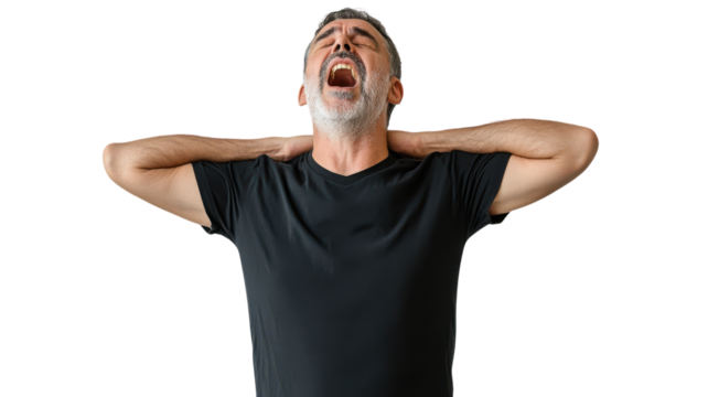 A middle aged man yawning and stretching, capturing the essence of relaxation and the importance of self-care in daily life.. - Powered by Adobe