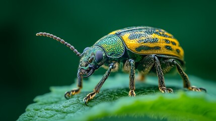 Fototapeta premium Close-up of a vibrant green and yellow beetle on a leaf.