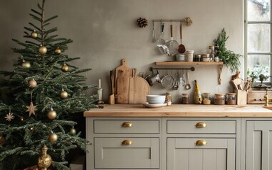 A Scandinavian-style kitchen featuring a natural green Christmas tree and subtle golden accents