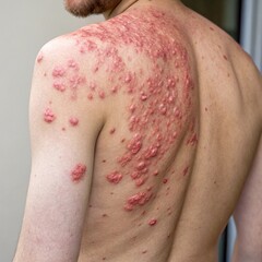 A close-up of shingles rash on the torso, showing inflamed skin and clusters of fluid-filled blisters